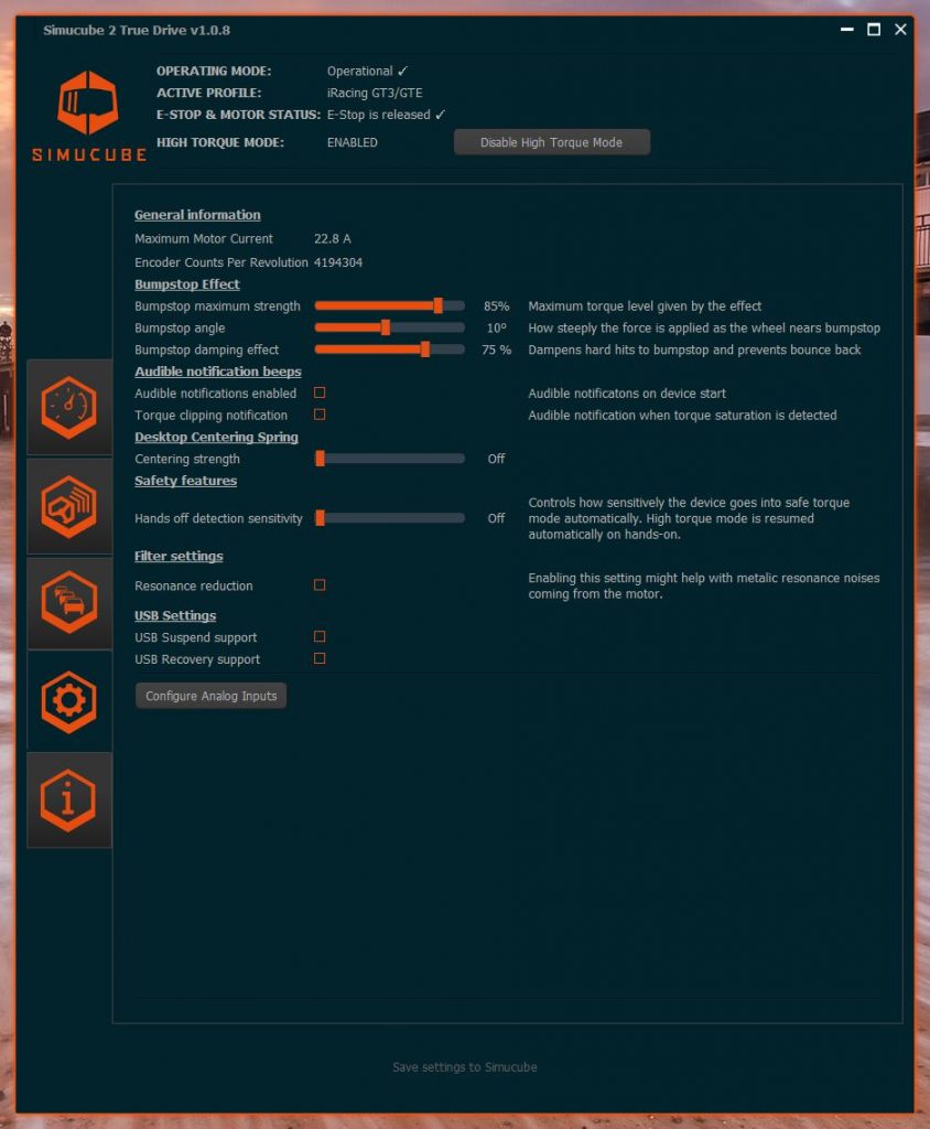 bumpstop settings simucube
